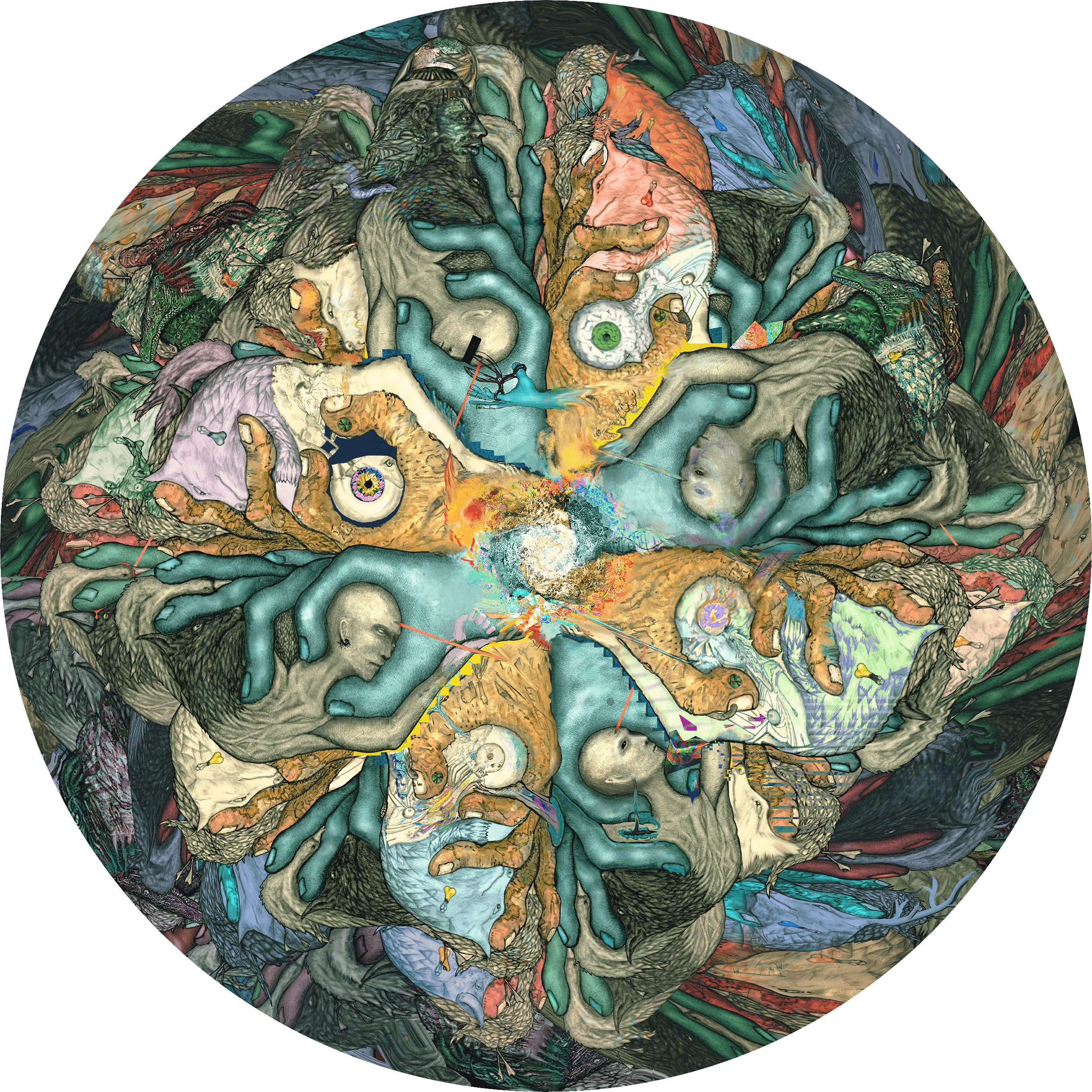An Escher style drawing of fantasy characters in a swirl