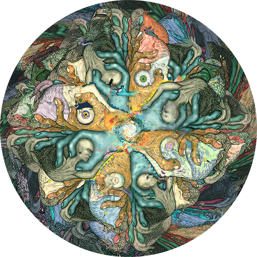 An Escher style drawing of fantasy characters in a swirl